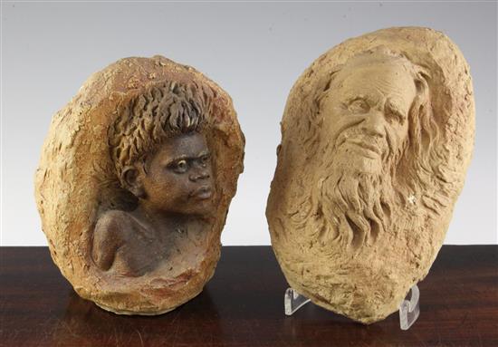 William Ricketts (1898-1993). Two stoneware sculptures of aboriginal men and a boy, 19cm (7.5in.) & 24cm (9.5in.)